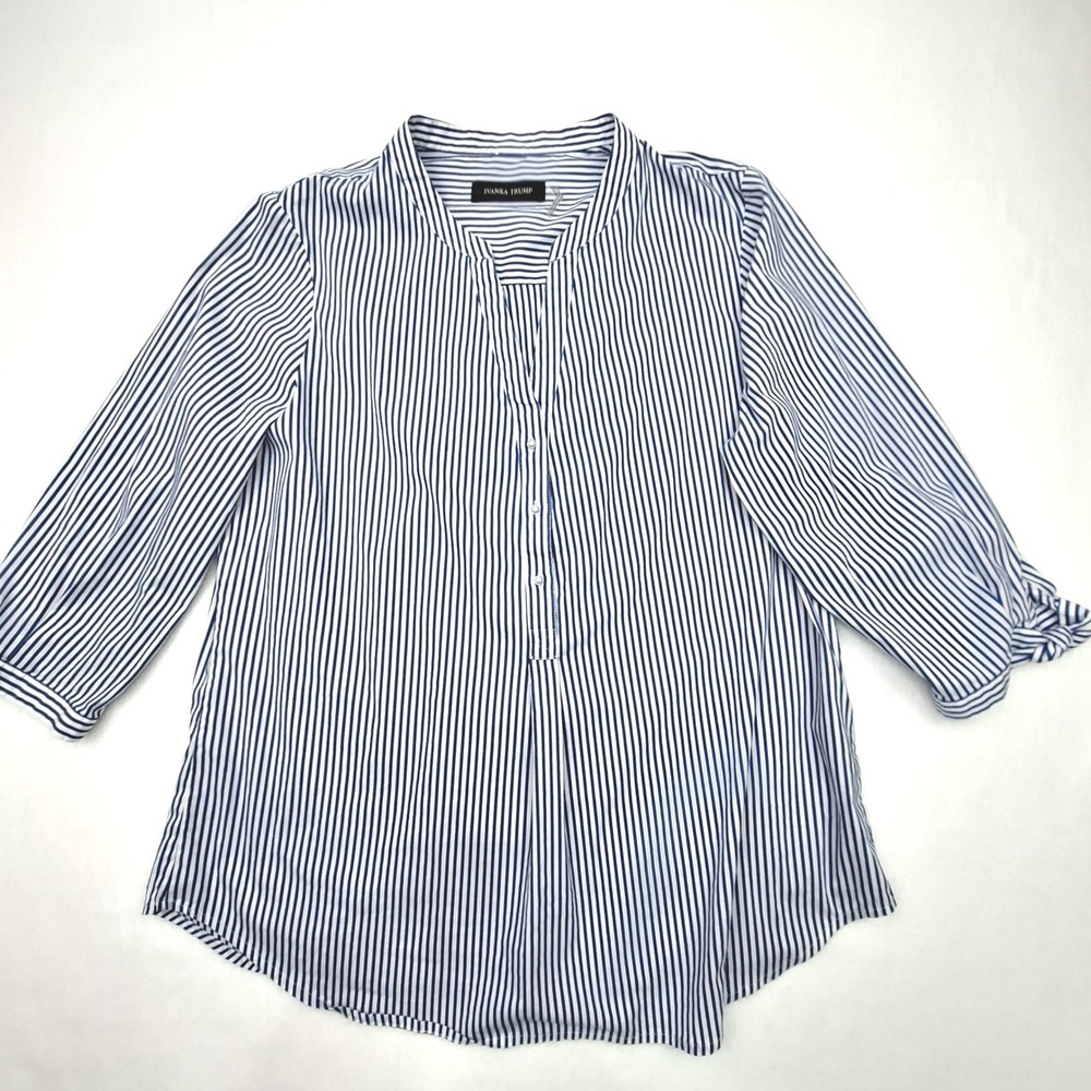 Ivanka Trump Blouse Womens Large Blue White Striped 3/4 Sleeve Split Neck Career